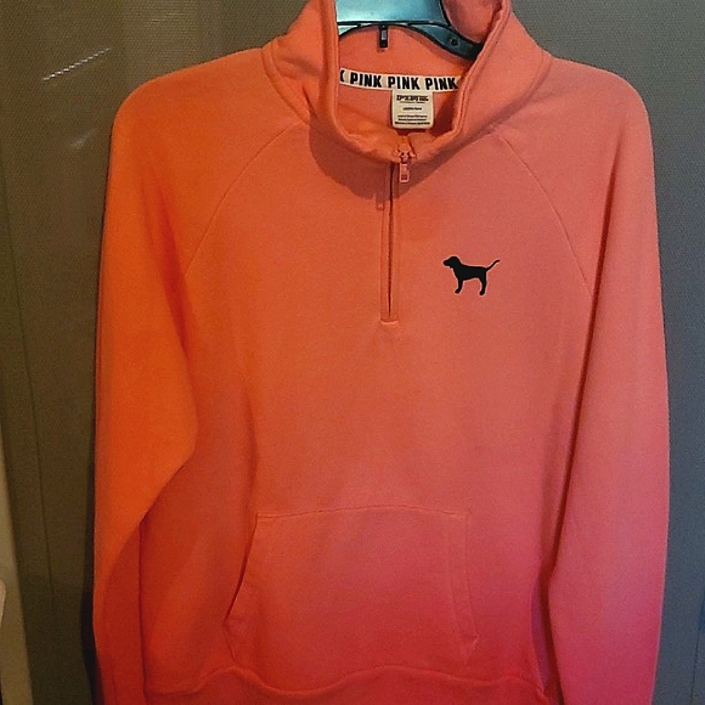 Pink By Victoria Secret 1/4 Zip Sweat Shirt. Salmon Pink. Sz Lg New Without Tag